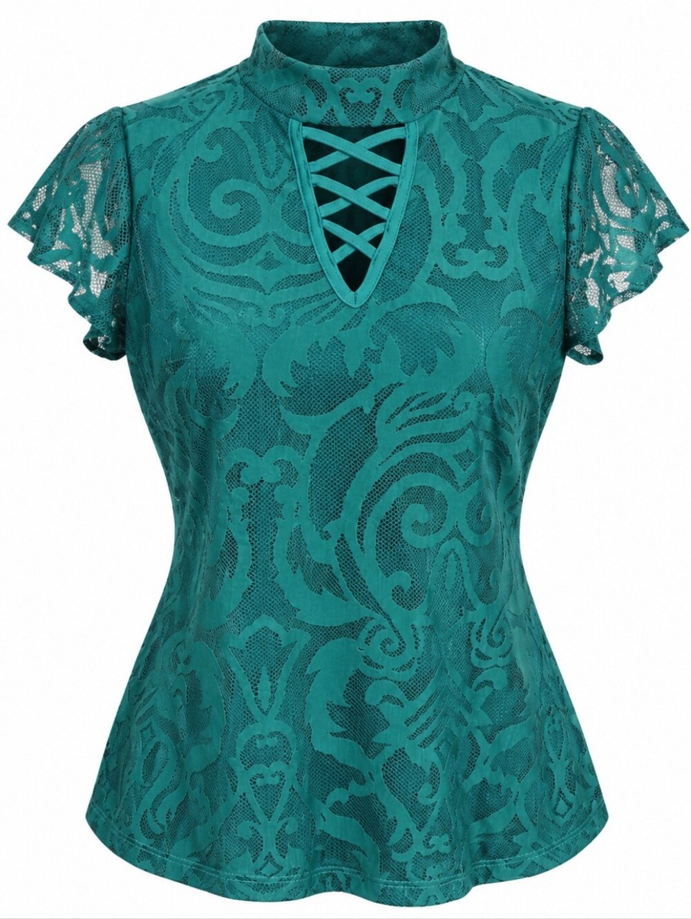 LIBERTY LOVE | Green Lace Up Mesh Whimsigoth Fairycore Flutter Sleeve Blouse | L